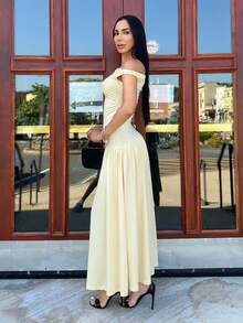 Carolina Barros 女士优雅无袖圆领长款褶皱连衣裙，修身款，休闲，通勤，春夏 - 黃色 - 查看 5