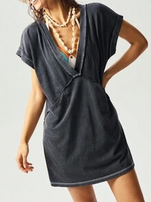 Bohemela Bohemian Style Solid Color V-Neck Sleeveless Loose Washed Knit Mini Dress For Women, Suitable For Music Festival, Beach Vacation - Black - View 2