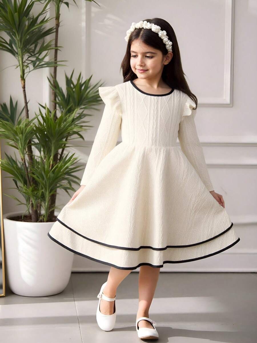 1 chiếc váy dệt kim jacquard dài tay cổ tròn màu mơ tối giản cho bé gái, thời trang & thanh lịch đa năng, thích hợp cho bé gái từ 4-7 tuổi mặc ngoài trời, chụp ảnh, v.v. - Màu be - Xem 1