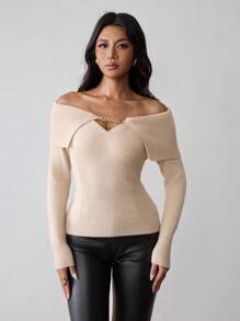 Chiquease Off Shoulder Chain Metal Design Long Sleeve Sweater, Fashionable - Apricot - View 3