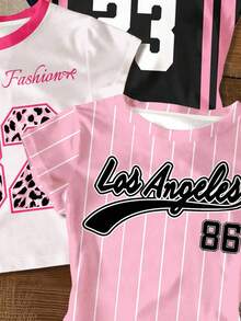 SHEIN 3 件套青少年女孩休闲修身舒适圆领长袖 T 恤套装，采用街头风格大学条纹、城市字母图案、复古蝴蝶结豹纹、粉色条纹、复古粉色和黑色，适合夏季 - 彩色 - 查看 8