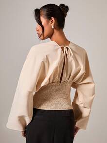 COSMINA 女士优雅深V领褶饰蝙蝠袖上衣，初秋 - 卡其色 - 查看 2