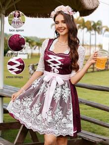 Firerie 女士优雅的慕尼黑啤酒节蕾丝边方领交叉系带可拆卸蕾丝围裙 A 字短款酒红色连衣裙、连衣裙