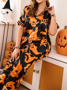 Chillnights 大码万圣节鬼魂撞色印花缎面开衫睡衣套装，休闲 - 彩色 - 查看 3