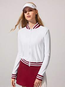 CourtClass Women's Contrast Striped Trim Zip-Up Baseball Jacket, Sports Jacket - White - View 3