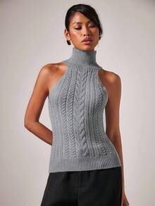 COSMINA 女士休闲纯色高领无袖扭纹针织上衣 灰色高领上衣 女士高领毛衣 灰色针织上衣 高领毛衣背心 麻花针织上衣 - 淺灰色 - 查看 3