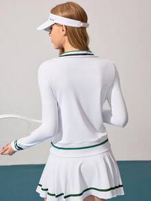 Gameset SHEIN Sport Sweatshirt Pullover Lengan Panjang Kasual dengan Motif Garis Kontras - Putih - View 2