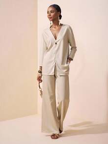 Zivah 2025 New Music Festival & Graduation Series, Collegiate Style, Student Wear, Versatile Daily Casual, Vacation, Beach, Sunbathing, Street Fashion V-Neck Apricot Linen Long Sleeve Shirt And Wide Leg Pants 2Pcs Set - Apricot - View 4