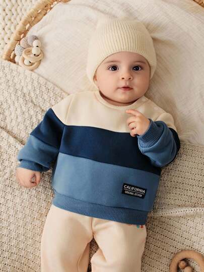 Cozy Pixies Newborn Baby Boy/Girl Colorblock Round Neck Long Sleeve Pullover Sweatshirt Baby Boy Winter Outfit Set Baby Boy Clothes Baby Boy Sweater 0-3 Months Boy Clothes Baby Boy Jumper Fall