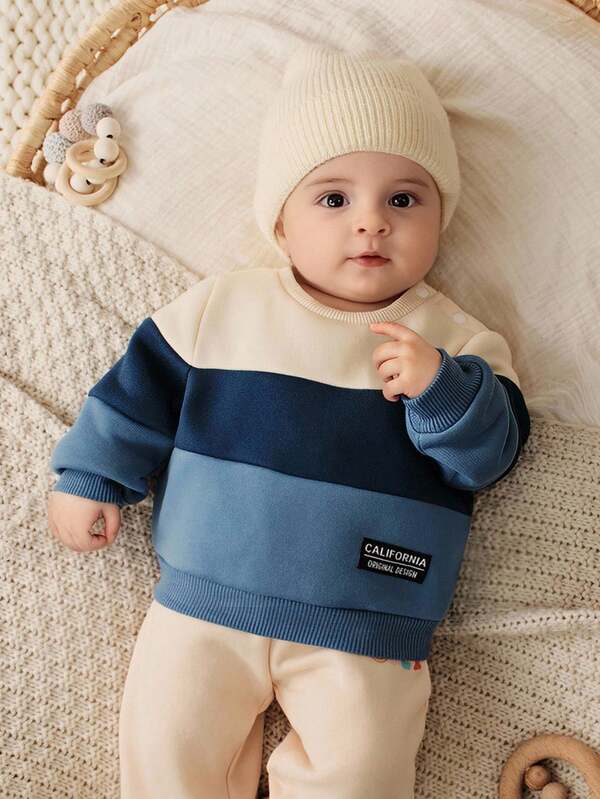 Cozy Pixies Newborn Baby Boy/Girl Colorblock Round Neck Long Sleeve Pullover Sweatshirt Baby Boy Winter Outfit Set Baby Boy Clothes Baby Boy Sweater 0-3 Months Boy Clothes Baby Boy Jumper Fall