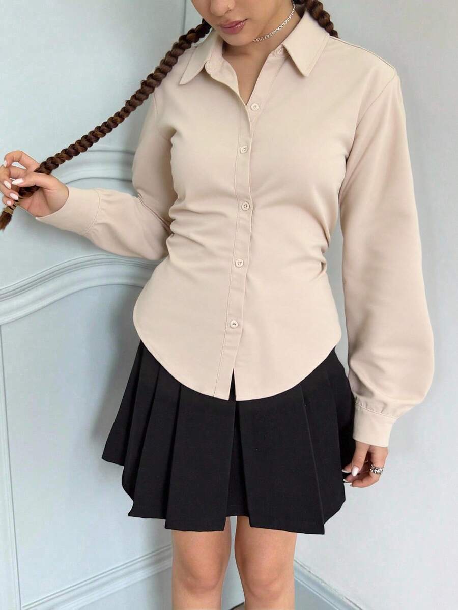 SHEIN 少女梭织纯色腰部褶饰领长袖休闲衬衫 - 杏色 - 查看 1