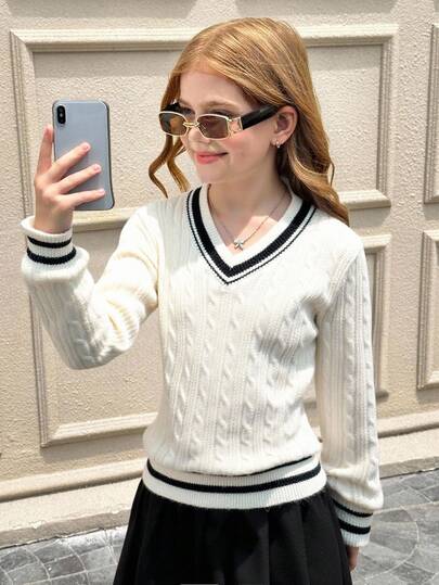 SHEIN Serisse Kids 青少年女孩优雅纹理 V 领长袖修身毛衣，适合日常、周末、休闲外出、返校穿着