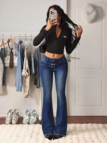 Rivivi 中腰复古水洗喇叭裤，配复古扣 - 深色水洗藍 - 查看 6