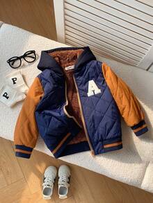 SHEIN 年轻男孩休闲学院风字母印花拼接撞色加厚抓绒连帽棉服外套，适合通勤、上学、居家、休闲、街拍、派对及户外活动，冬季 - 藏蓝色 - 查看 5