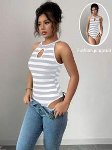 Elenzga Women's Striped Hollow Design Halter Bodysuit - Grey - View 3
