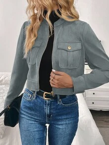 EMERY ROSE Women's Autumn/Winter Large Pocket Metal Button Short Military Green Jacket Fall Cloth For Women