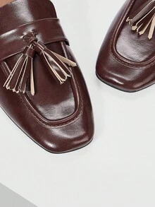 MOTF VINTAGE TASSEL SLIP-ON COMFORTABLE CASUAL OIL WAX LEATHER TEXTURE SQUARE TOE FLAT MULES - Coffee Brown - View 5