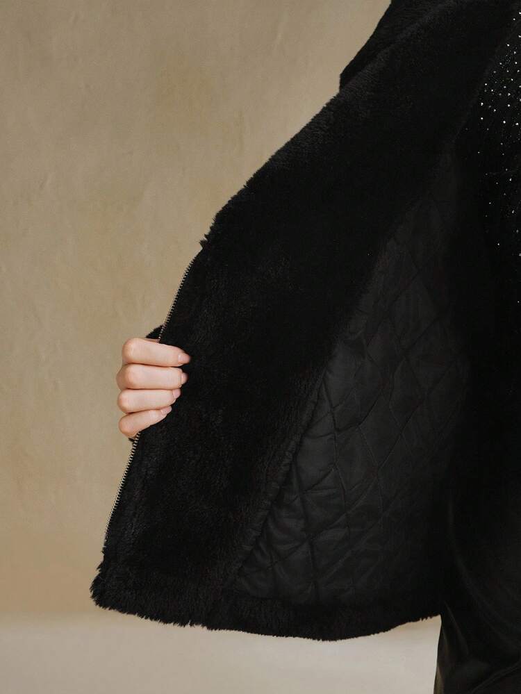 Plus Size Women's Dropped Shoulder Long Sleeve Zipper Front Casual Patchwork Faux Fur Loose Motorcycle Jacket, Autumn/Winter