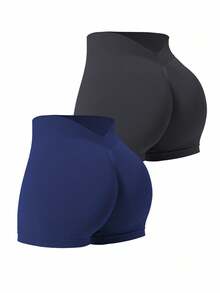 Easithlete 2PCS Women's Solid Color High Elasticity Fitness Casual Running Sports Shorts High Waisted Shorts Tummy Control