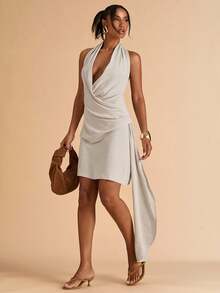 SHEIN BAE Women's Solid Color Deep V Neck Ruched Tie Front Sexy Halter Dress - Apricot - View 5