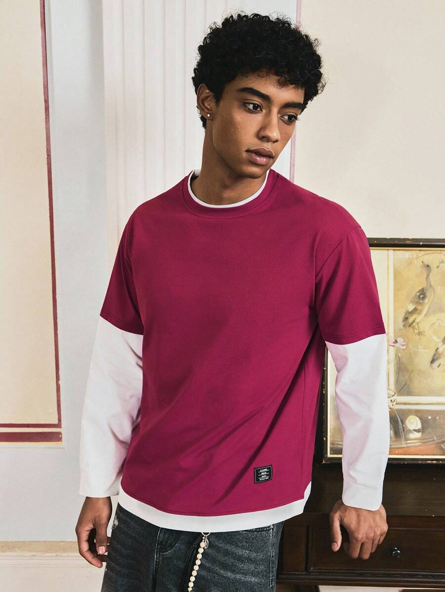 SWAVVY Men's Casual Colorblock Crew Neck Long Sleeve T-Shirt, Fall - Multicolor - View 1