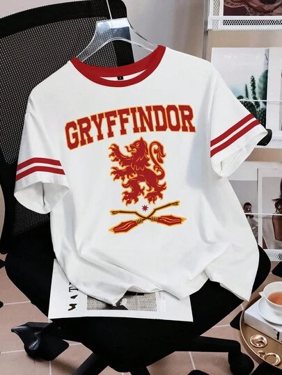 HARRY POTTER X SHEIN Comfortable Crew Neck Short Sleeve Summer T-Shirt, Casual College Style White Striped Gryffindor English Letter Print Pattern For Women