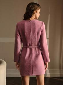 MOTF PREMIUM SOLID APPLIQUES DETAIL ZIP BACK SHORT DRESS WITH BELT - Pink - View 4