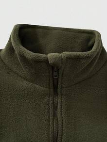 SHEIN Explorewe 2件套男童秋冬羊毛运动服，军绿色调，酷炫气质。上衣采用半拉链立领设计，裤子采用宽松卷边设计，中大童长袖长裤，毛绒刺绣套装，适合休闲装、运动装和户外穿着 - 橄欖綠 - 查看 3