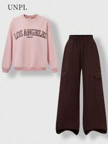 SHEIN 2pcs Boys Outfit,Light Pink Graphic Sweatshirt&Brown Wide Leg Cargo Pants Set,Oversized Los Angeles Top,Autumn Streetwear,School Back-To-School Wear - Pink - View 4
