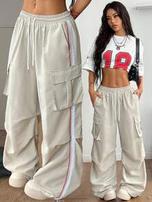 Coolane Quần ống rộng thể thao đơn giản có túi nắp bên hông, dây rút eo, màu kaki, thời trang dạo phố mùa hè và mùa thu cho nữ - Màu Khaki - Xem 2