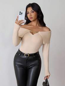 Chiquease Off Shoulder Chain Metal Design Long Sleeve Sweater, Fashionable - Apricot - View 5