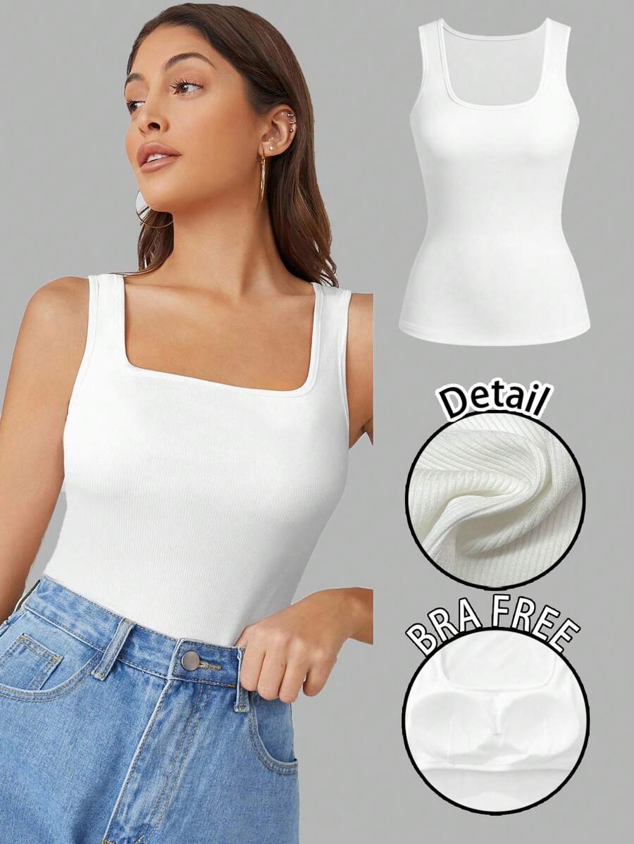 SHEIN BASICS 休闲百搭女式罗纹 FREE BAR 加垫修身背心，适合夏季至初秋，百搭