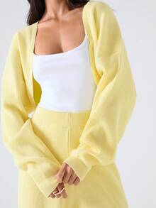 LYSMO 女士休闲纯色前开开衫和裤子两件套，秋冬 - 黃色 - 查看 4