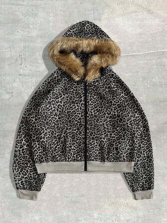 Street Life Sudadera con capucha de manga larga con estampado de leopardo para hombre