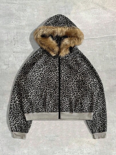 Street Life Men's Leopard Print Fluffy Collar Hooded Long Sleeve Sweatshirt