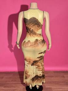 Slaydiva Vestido largo de verano casual y sexy de estilo retro chic para uso diario, fiesta y citas, con cuello redondo, sin mangas, estampado de ilustración de retrato japonés en malla, talla grande, vestido ajustado sirena ajustado