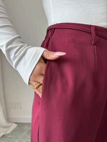 Elenzga Damen elegante, gerade geschnittene Hose mit Gummibund und Metallschnalle, geeignet für Partys, Dates, Alltag, Pendeln, Herbst/Winter - Rot - Übersicht 8