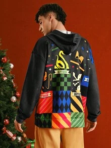HARRY POTTER X SHEIN Men's Full Print Christmas Theme Hooded Long Sleeve Sweatshirt, Fall - Multicolor - View 1