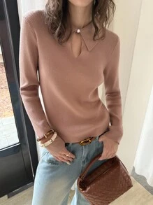 ATUI Studio Women's Fall Solid Color Lapel Long Sleeve Slim Fit Warm Hollow Detail Casual Pullover Sweater, Fall Clothes For Women,Fall Tops,Fall Clothes For Women,Business Casual Woman,Wedding Guest  Women - Khaki - View 1