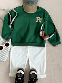 PrepCrw 秋冬款男孩学院风绿色圆领小熊图案卫衣 - 綠色 - 查看 1