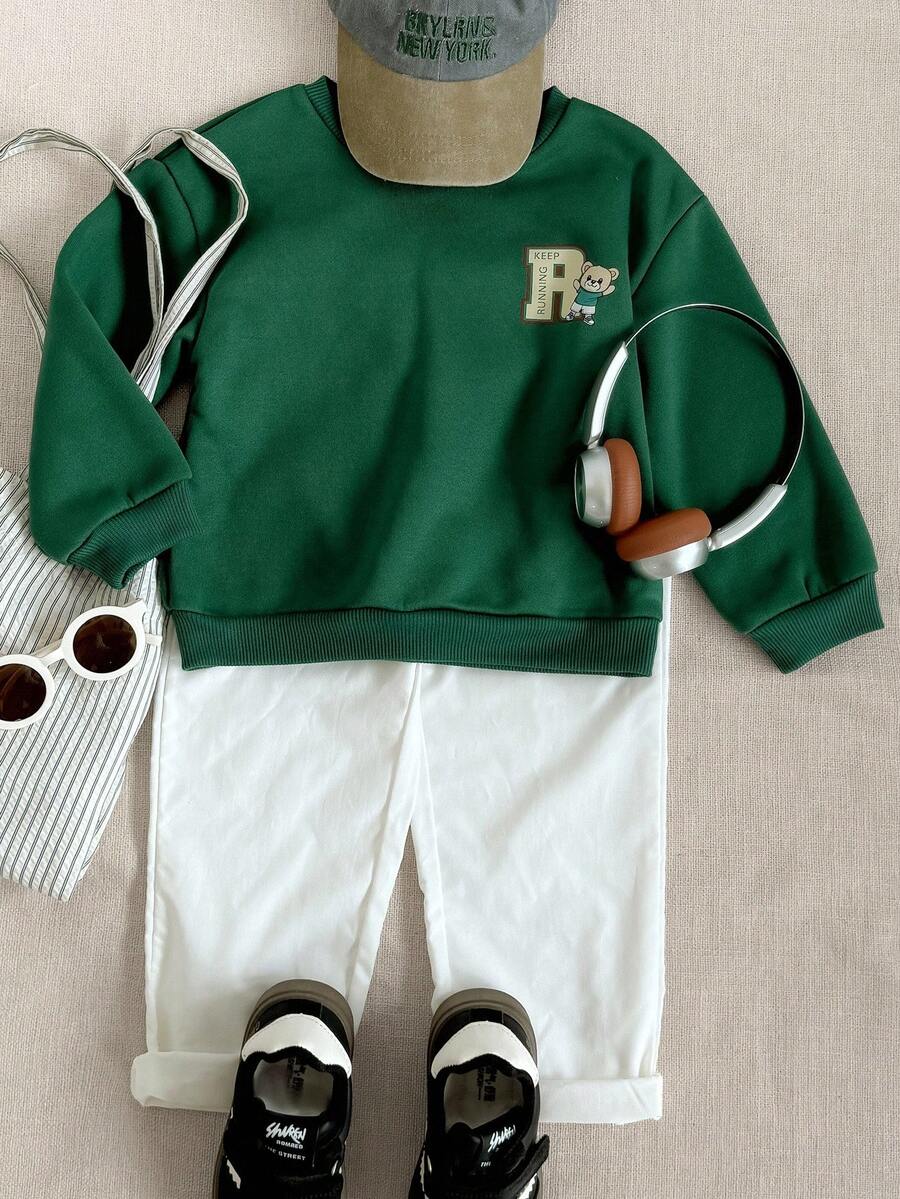 PrepCrw 秋冬款男孩学院风绿色圆领小熊图案卫衣 - 綠色 - 查看 1