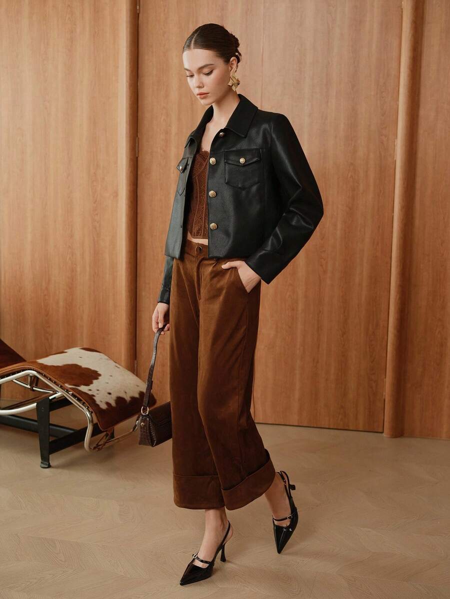 Almamuse Calça Casual Feminina com Botão de Metal e Abertura Frontal Perna Larga