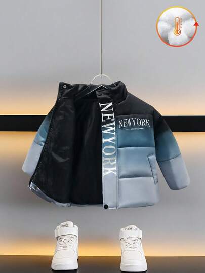 Young Boy Gradient Digital Print Letter Collar Padded Coat, Casual & Fashionable, Suitable For Outdoor & Indoor Wear In Winter Fall
