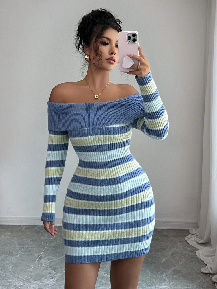 Selianne Multicolor Striped Off Shoulder Long Sleeve Striped Waist Fitted Elegant Romantic Knit Dress For Women - Multicolor - View 7