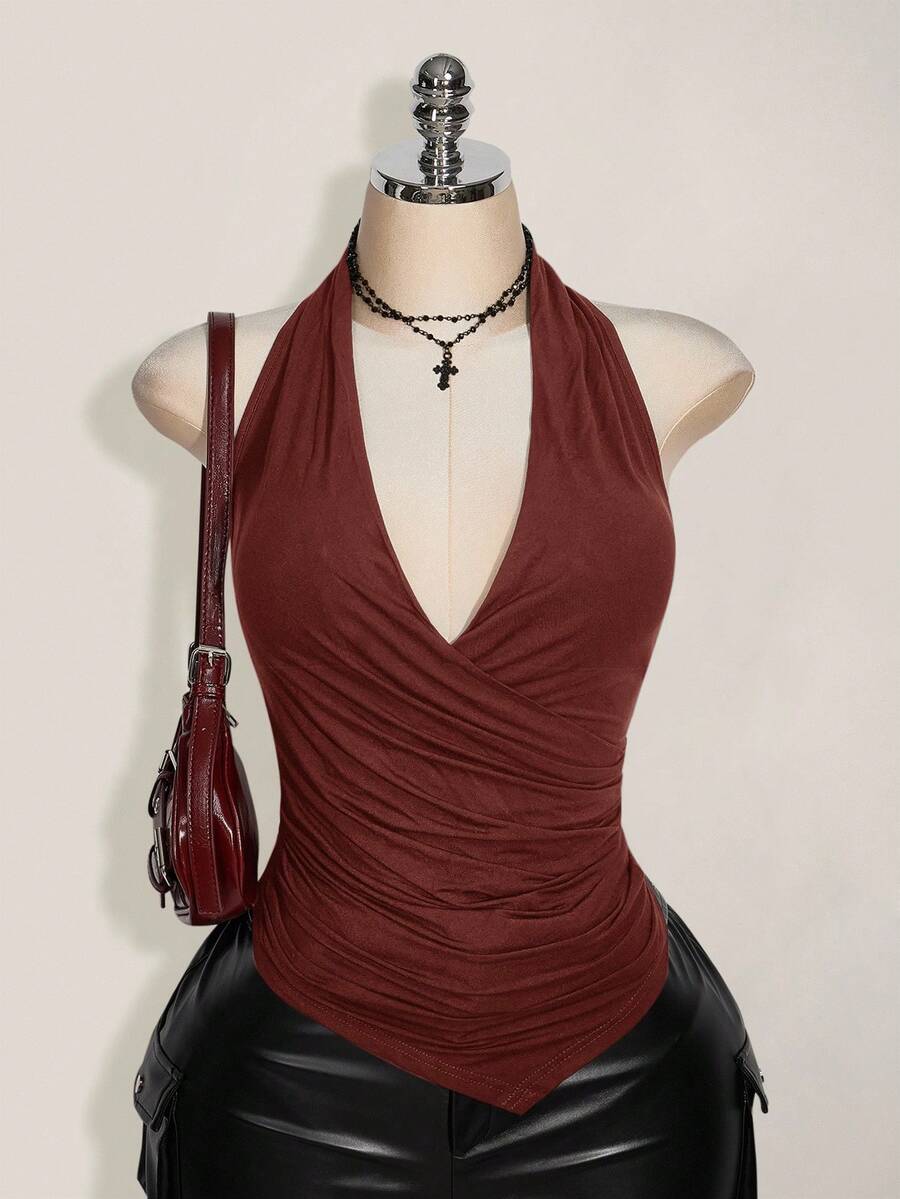 SHEIN ICON Áo ba lỗ cổ rộng viền bất đối xứng cỡ lớn, phong cách Y2K, thích hợp mặc mùa hè, mặc hàng ngày - màu nâu - Xem 1