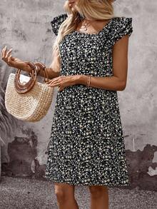 EMERY ROSE Vestido casual de verano para vacaciones con estampado total y decoración de moño - Negro - Ver 4
