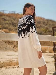 Freevana Vestido de suéter de manga larga con cuello redondo y patrón de bloques de color talla grande - Blanco y Negro - Ver 3