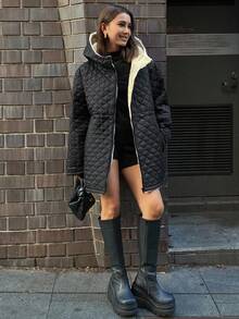 Livesso 女式束腰连帽绗缝拼布仿皮草衬里宽松夹棉外套冬季夹克 - 黑色 - 查看 3