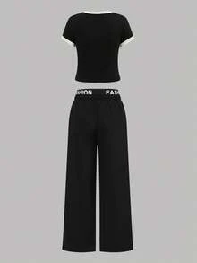 SHEIN Polyester Black Long-Length Co-Ords Set Featuring Short Sleeve Tee And Drawstring Pants Two Pieces Women Sets Women Pants And Top Set Co Ord Sets Matching Set Girl Co Ord Sets Matching Outfits Woman Women Fashion Set - Black - View 2