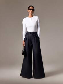 AiiRZ Ultra Wide Leg High Rise Pleated Palazzo Jeans Elegant Evening Party Wedding Wedding Guest Occasion Denim Pants Fall Winter Retro Fashion Statement Bottoms - Dark Wash - View 1